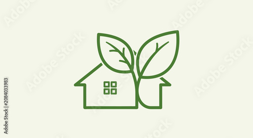 A green line drawing of a house with a plant growing out of it symbolizes eco-friendly living.