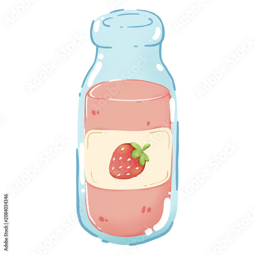 Hand drawn Cute Kawaii Illustration of Strawberry Milk Bottle