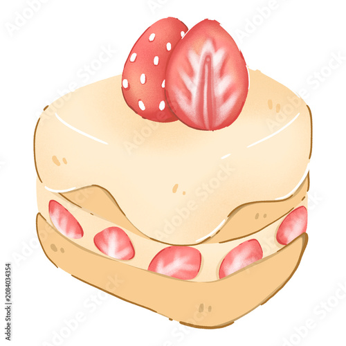 Hand-Drawn Kawaii Sweet Strawberry Cake Illustration