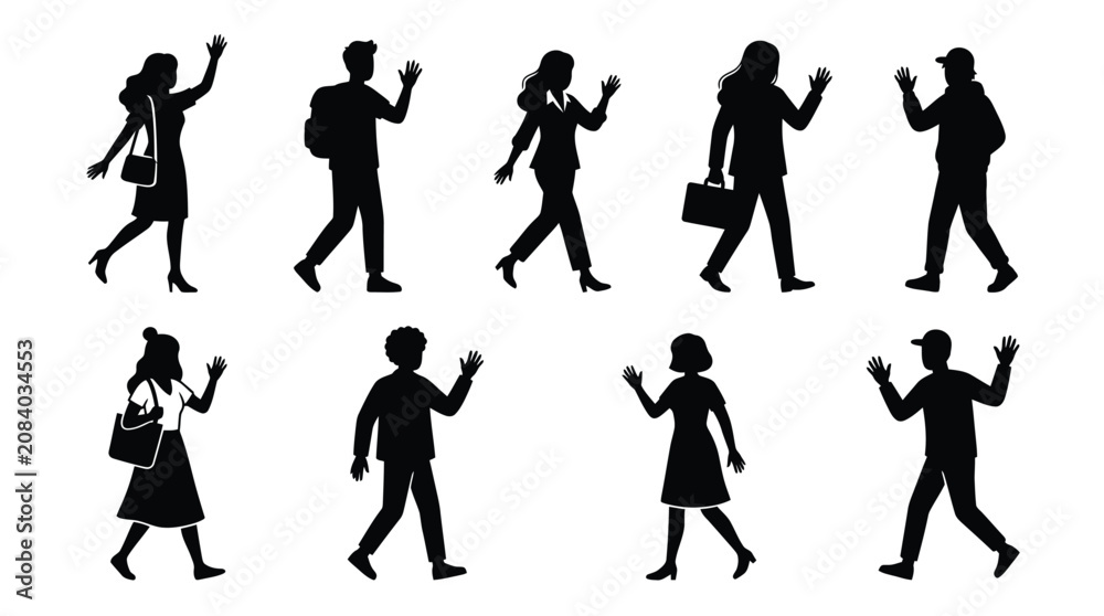 Fototapeta premium Set of black vector silhouettes featuring diverse people waving hands while walking in various styles