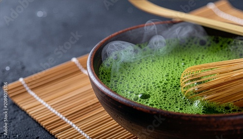 Freshly Whisked Hot Organic Matcha Green Tea Served in a Traditional Ceramic Bowl with Bamboo Chasen on a Bamboo Mat