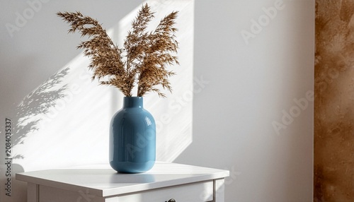 Minimalist Interior Design with Blue Ceramic Vase and Dried Pampas Grass on White Table in Sunlight