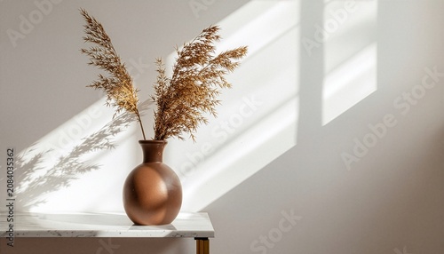 Minimalist home decor featuring dried pampas grass in a ceramic vase on a marble table with warm sunlight shadows