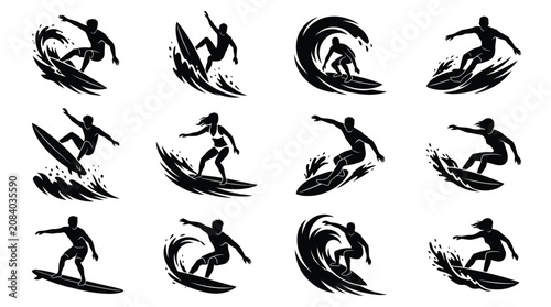 Black vector graphic set featuring silhouettes of people surfing on large waves for creative designs