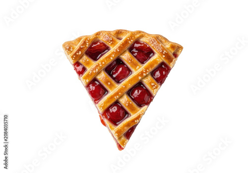 perfectly triangular slice of golden brown cherry lattice pie with symmetrical crust, glistening red filling, macro overhead shot on a transparent background. concept for food advertising