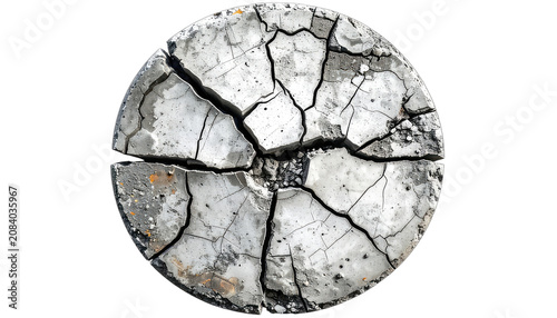 A circular object with cracked concrete texture on a black background.