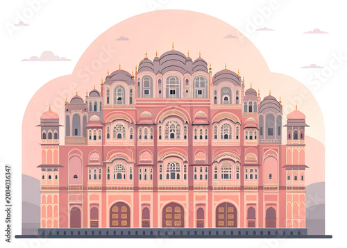 Hawa Mahal, Jaipur, iconic pink sandstone palace with hundreds of small windows and ornate facade, front elevation, modern minimal flat vector illustration.