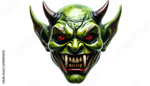 A grotesque green goblin mask with glowing red eyes and sharp fangs.