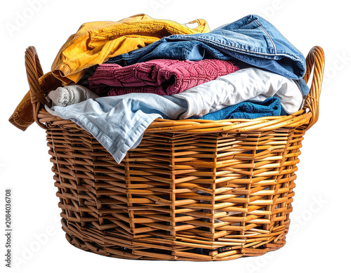A full wicker basket overflowing with folded clothes in various colors.