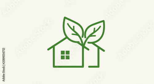 A green house with leaves growing out of it symbolizes eco-friendly living.
