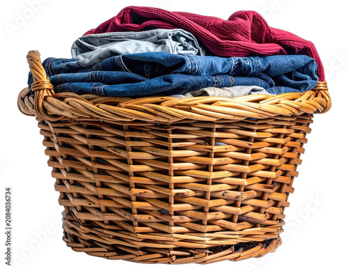 A woven basket overflows with folded clothes, ready for laundry or storage.