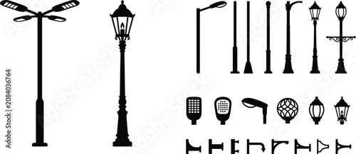 Obraz na płótnie Collection of various street light silhouettes including lamp posts and lanterns on
