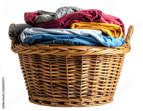 A woven basket overflowing with clean laundry.