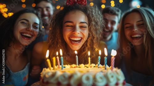 Happy Young Woman Blowing Birthday Candles Surrounded by Friends