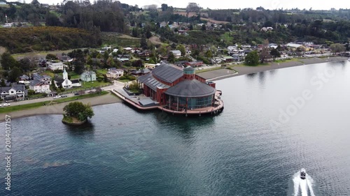 Aerial view of the Teatro del Lago in Frutillar, Llanquihue Lake, Chile