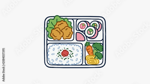 Colorful illustrated lunch box with assorted food items.