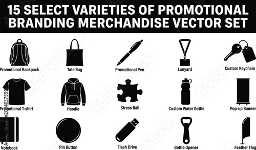 Variety of promotional merchandise items for branding and marketing on white background  fifteen different products shown