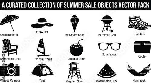 Summer sale objects vector pack with beach and outdoor icons such as umbrella hat ice cream cone grill sandals chair sail