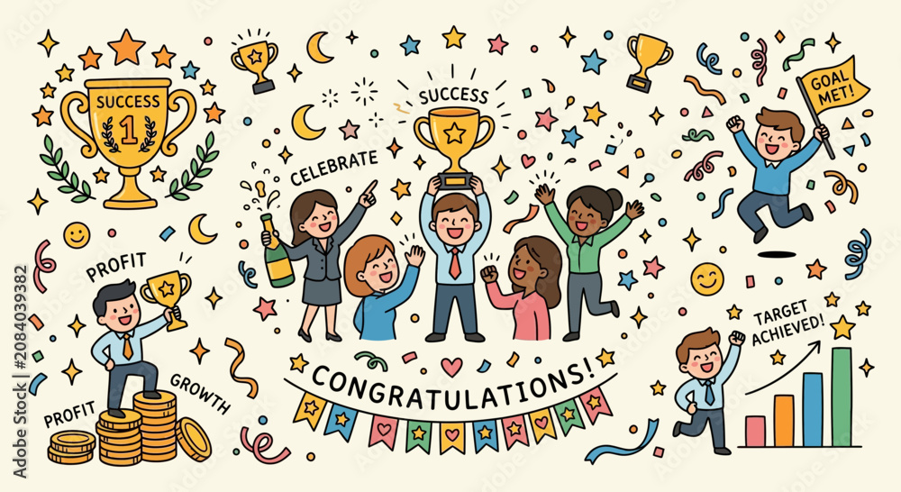 Fototapeta premium Celebration of Success: Teamwork, Trophies, and Achievement Doodle Art