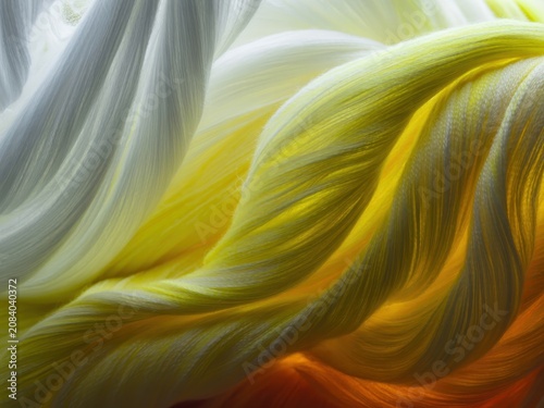 Abstract close-up of flowing white and yellow threads, illuminated to create a soft, dreamy effect.