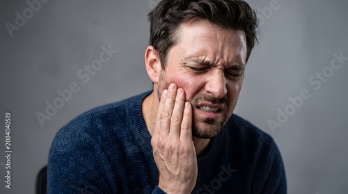 Distressed man suffering from intense toothache or jaw pain, clutching his cheek with a pained expression, indicating a dental emergency or oral discomfort