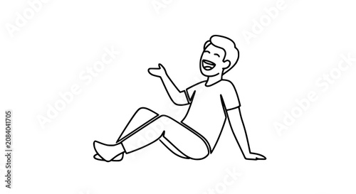 Happy Man Sitting Line Art Illustration, Smiling, Relaxed, Joyful Pose