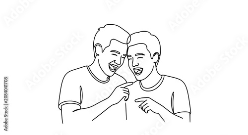 Two young men laughing together, line art illustration