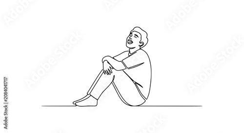 Joyful Man Sitting, One Line Drawing, Laughing Face, Relaxed Pose, Minimalist Art