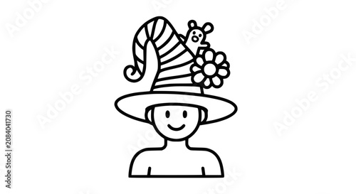 Whimsical character in striped wizard hat with flower and snail, simple line art icon