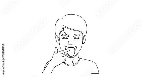 Young Man Sticking Out Tongue with Finger, One Line Drawing