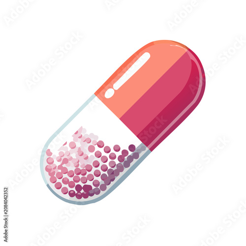 Red and orange capsule with pink and purple pills inside