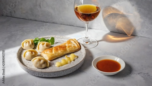 Delicious dumplings, savory pastry, and amber wine create a delightful culinary experience with a touch of elegance.