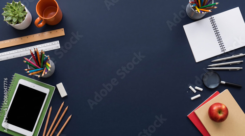 School border back to school supplies pencil notebook tablet desk creative layout education concept. Education learning children student. colourful stationery supply, background banner frame