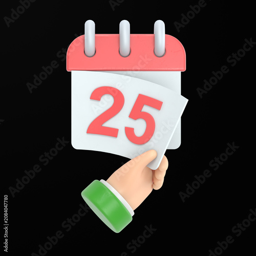 Cartoon Gesture Icon Mockup.Tear off the calendar sheet.25 is the date on the calendar.Off date.Deadline concept.Template page.3D rendering on black Screen for footage and clipping path.