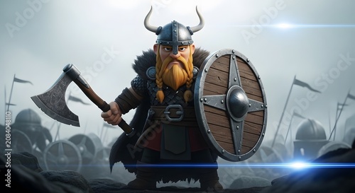 Viking warrior with axe and shield in epic battle scene