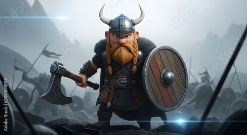 Cartoon Viking Warrior with Axe and Shield in Battle Scene