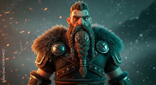 Bearded Viking Warrior in Fur Armor with Epic Background