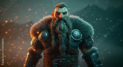 Fantasy warrior dwarf in snowy mountain landscape with armor
