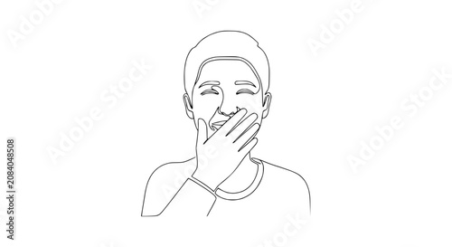 Obraz na plátně Joyful Person Laughing Covering Mouth with Hand, Minimalist Line Art Illustratio