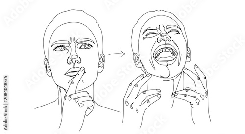 Φωτογραφία Woman's Face Transformation: Thoughtful to Exasperated Expression, Line Art