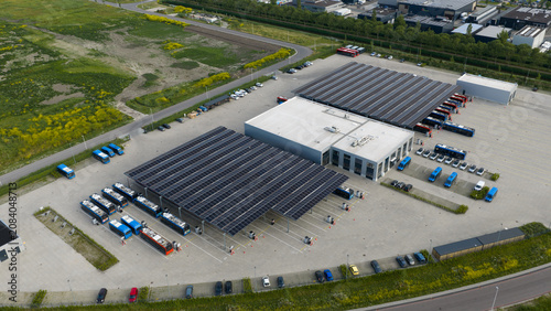 Purmerend, North Holland, Netherlands - 15 June 2026: Aerial view of Electric Bus Charging Hub in Purmerend