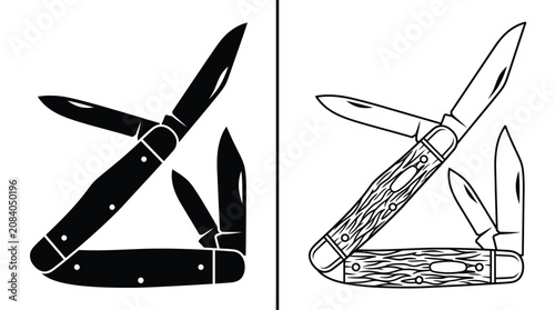 Schilderij op canvas Knives Open Pocket Set with Black Silhouette and Outline Drawing Design Style