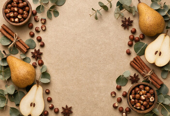 Autumn composition with pears, hazelnuts, cinnamon and anise