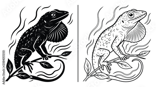 Foto Lizard Black and White Vector Illustration with a Male Anole Basking on a Branch