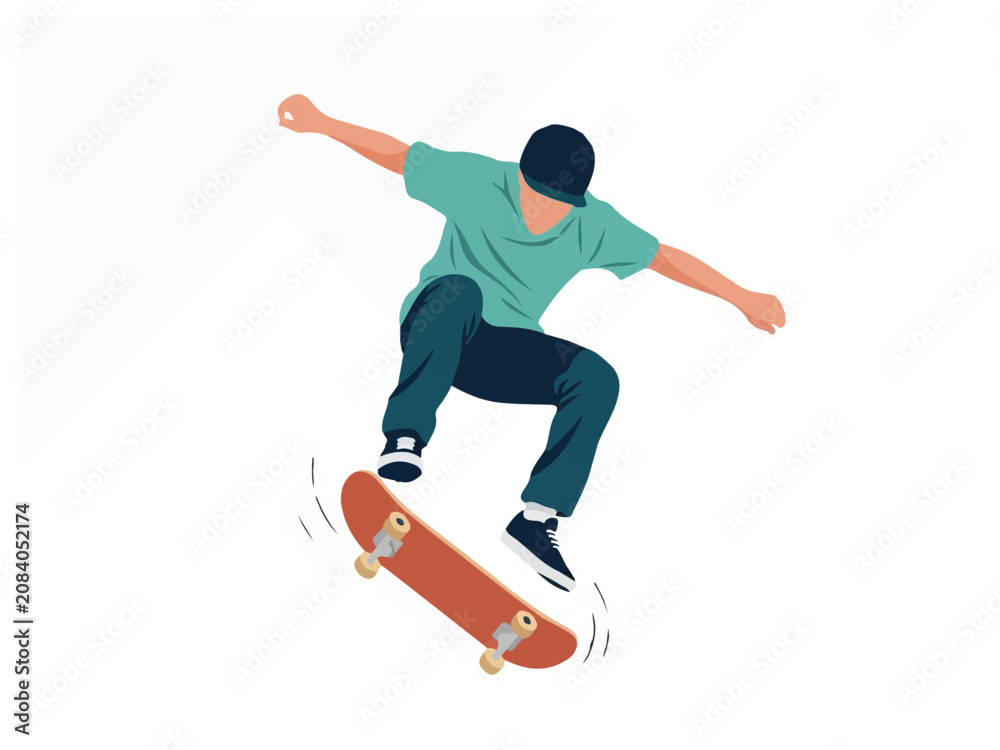 Obraz premium Young Skateboarder Jumping High Performing a Kickflip Trick, Flat Vector Illustration on White Background