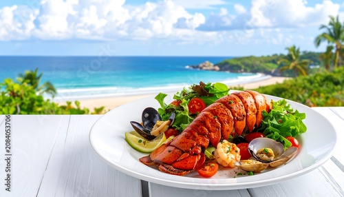 A gourmet seafood dish with a lobster tail, greens, and other delicacies on a white plate overlooking a tropical beach
