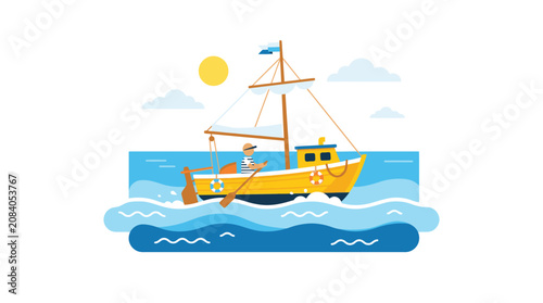 Bild auf Leinwand Yellow Fishing Boat on Water Surface.