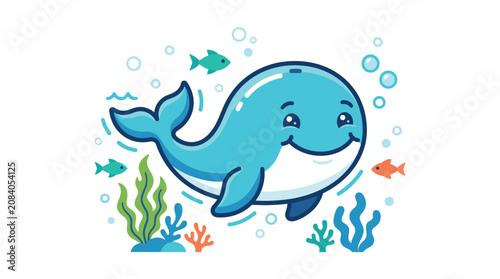 Konstfotografi Smiling cartoon blue whale underwater scene.