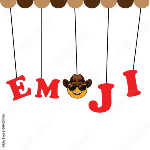   
Emoji typography vector with hanging “EMOJI” letters, cowboy sunglasses face, and playful decorative border design