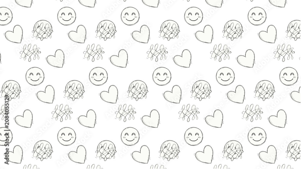 Fototapeta premium Emoji doodle pattern vector with repeating smiley faces, hearts, and abstract scribbles in playful decorative grid design